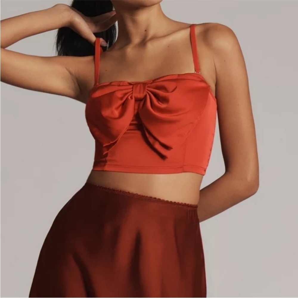 ANTHROPOLOGIE Satin Red Bow Crop Top Strapless Size XL NEW